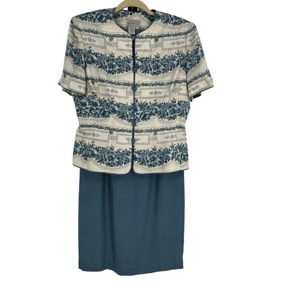 Adrianna Papell 100% Silk Vintage 2 Piece Skirt Set Blue/White Size 6 - Picture 1 of 13
